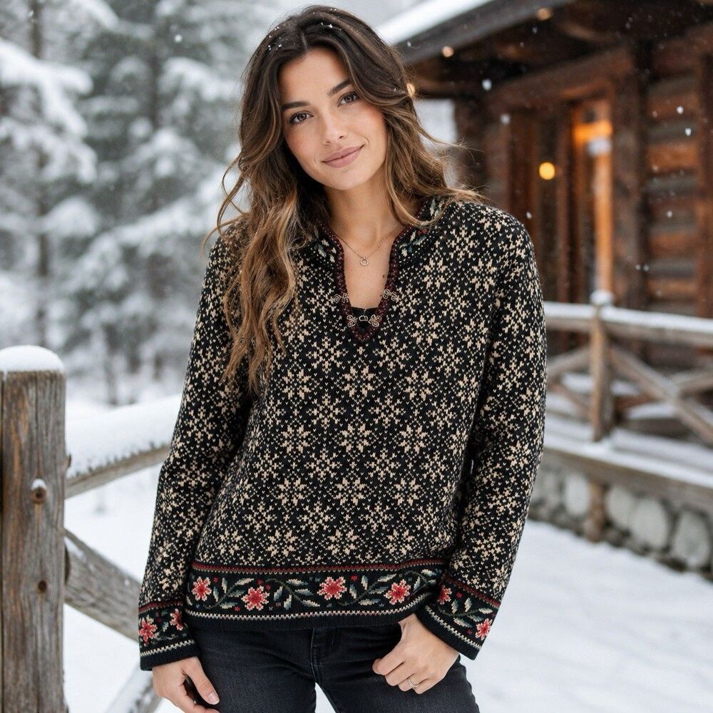 Nomadic Traders Fair Isle Nordic Black Floral Knit Sweater Women Size L Vintage